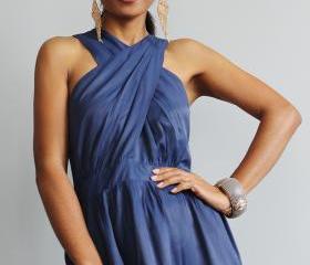 Navy Blue Maxi Dress - Cross over dress with pleated skirt : True Elegance Collection II