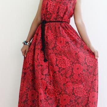 Red Floral Maxi Dress - Sleeveless Summer Dress : Happy Holiday Collection